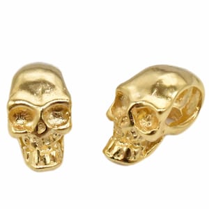 14K Gold Vermeil Style Skull Bead, 925 Sterling Silver Skull Bead w/ Heavy 14K Gold Plated, Halloween Bead, Small Skull Bead