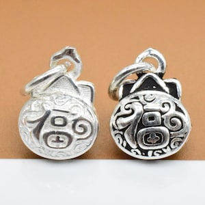 2 Sterling Silver Good Fortune Bag Charms 2-Sided, 925 Silver Fortune Charm, Lucky Bag Charm, Bracelet Charm, Necklace Charm