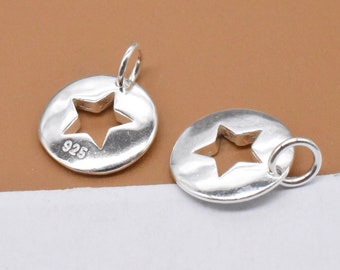 4 Sterling Silver Star Charms, Cut Out Star Charm, 925 Silver Star Circle Charm, Pentagram Charm, Bracelet Charm, Necklace Charm 11mm