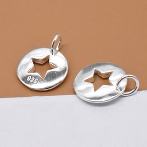 4 Sterling Silver Star Charms, Cut Out Star Charm, 925 Silver Star Circle Charm, Pentagram Charm, Bracelet Charm, Necklace Charm 11mm