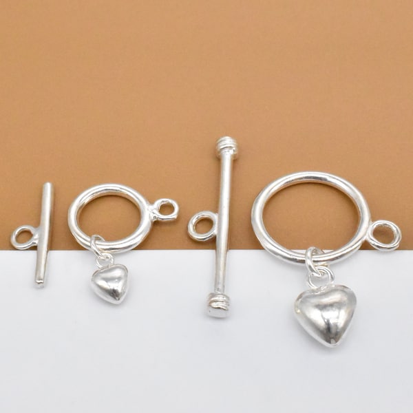 4 Sterling Silver Heart Toggle Clasps, 925 Silver Toggle Clasps, Heart Drop Toggle Clasp, Circle 9mm 12mm, Bracelet Clasp, Necklace Clasp