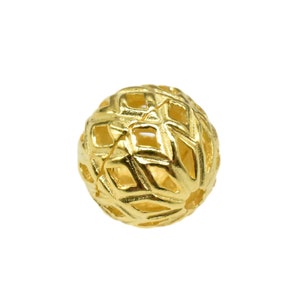 14K Gold Vermeil Style Hollow Round Bead, 925 Sterling Silver Checked Ball Bead w/ Heavy 14K Gold Plated, Bracelet Bead, Necklace Bead 10mm