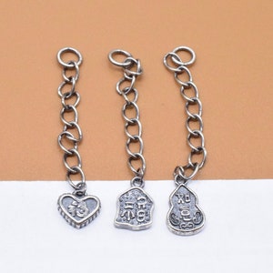4 Sterling Silver Fortune Extension Chains, 925 Silver Chinese Happiness Chain Extender, Heart Extender Chain for Bracelet 40mm 44mm 46mm