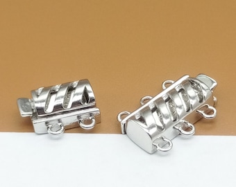 Sterling Silver Tube Clasp w/ Rhodium Plated, 925 Silver Tube Clasp 2 3 Strands, Pearl Clasp, Push-in Clasp, Slide Lock Clasp, Bar Clasp