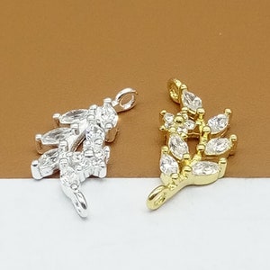 4 Sterling Silber Blatt Zweig Verbinder mit CZ, vergoldeter Rebenblatt Verbinder, 925er Silber Blatt Verbinder Charm für Armband Halskette