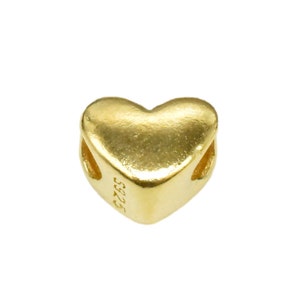 14K Gold Vermeil Style Love Heart Bead, 925 Sterling Silver Heart Bead 2-sided w/ Heavy 14K Gold Plated, Plain Heart Bead, Bracelet Bead