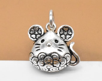 Sterling Silver Mouse Charm, 925 Silver Mouse Charm, Flower Mouse Charm, Hollow Mouse Charm, Mouse Pendant, Animal Charm, Necklace Charm