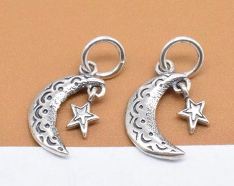 5 Sterling Silver Spiral Moon and Star Charms 2-sided, Moon Charm, 925 Silver Oxidized Moon Pendant, Celestial Charm for Bracelet Necklace