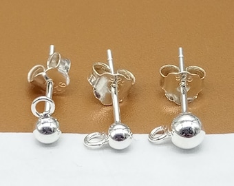 10 Pairs Sterling Silver Ball Earring Posts with Closed Jump Ring, 925 Silver Post Earring, Round Bead Stud Earring, Ear Posts 3mm 4mm