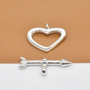 4 Sets Sterling Silver Heart Toggle Clasps, Love Heart Toggle, 925 Silver Heart Clasps, Cupid Toggle Clasp, Arrow Through Heart Cupid Design