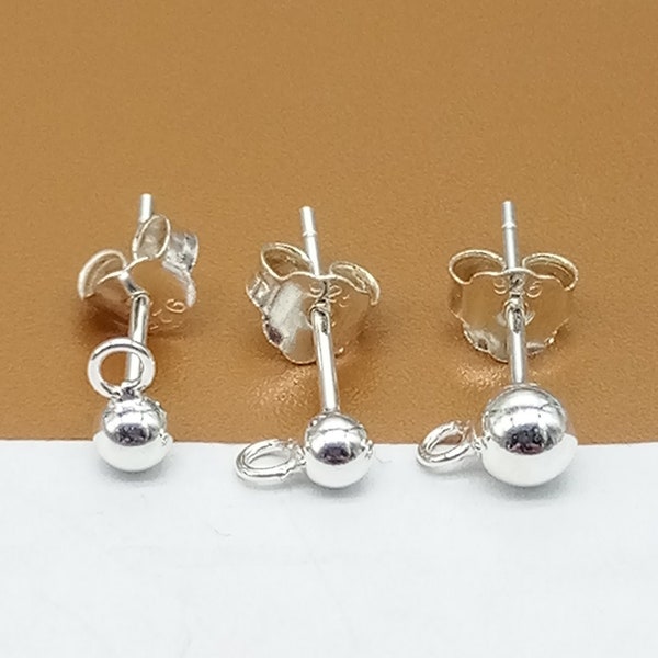 10 paires de boucles d'oreilles boules en argent sterling avec anneau de saut fermé, boucles d'oreilles en argent 925, clous d'oreilles en perles rondes, boucles d'oreilles 3 mm 4 mm