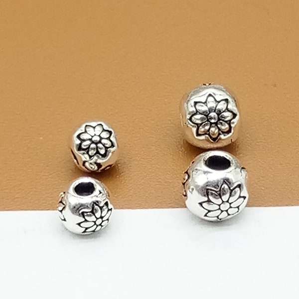 10 Sterling Silver Lotus Beads, Round Ball Beads, 925 Silver Lotus Flower Bead, Yoga Bead, Meditation Bead, Bracelet Bead, Necklace Bead