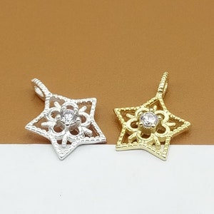 5 Sterling Silver Filigree Star Charms, 925 Silver Star Charm, Gold Plated Small Star Charm, Pentagram Charm, Bracelet Charm, Necklace Charm