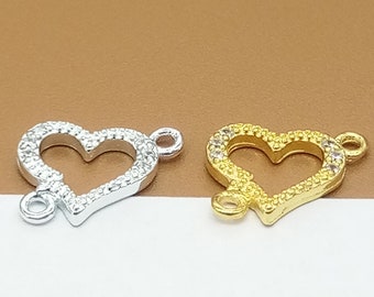 2 Sterling Silver Heart Connectors with CZ, Gold Plated Love Heart Connector, 925 Silver Heart Connector Charm for Necklace Bracelet