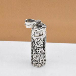 Sterling Silver Lotus Locket Pendant, 925 Silver Cylinder Locket Pendant, Flower Prayer Box, Wish Box, Memory Box, Yoga Meditation Locket
