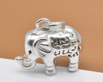 925 Sterling Silver Elephant Charm 3D, 925 Silver Elephant Charm, Hollow Elephant Pendant, Animal Charm for Necklace Bracelet Earring