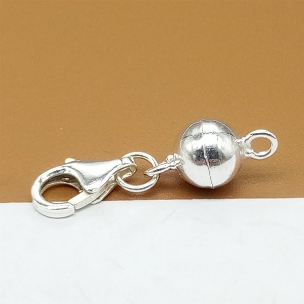 2 Sterling Silver Ball Magnetic Clasps with Lobster Clasp, 925 Silver Magnetic Clasp, Round Ball Clasp 6mm 8mm, Necklace Converter