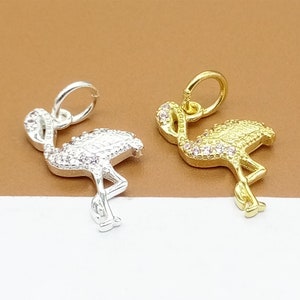 2 Sterling Silver Flamingo Charms with CZ, 925 Silver Flamingo Charm, Gold PlatedFlamingo Charm, Animal Charm, Small Flamingo Pendant