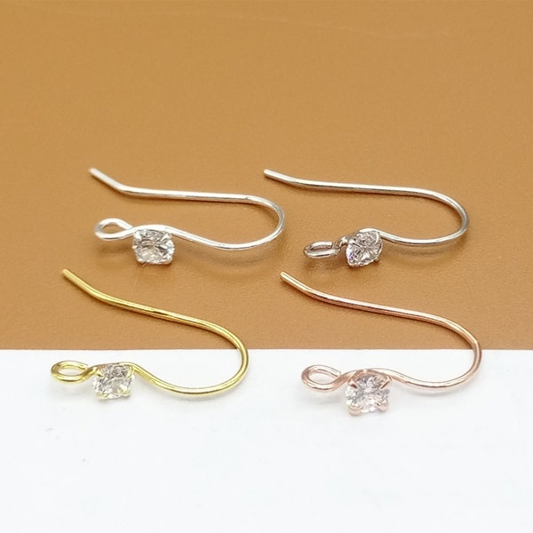 5prs Sterling Silver Earring Hooks w/ CZ, 925 Silver Ear Hooks, Rhodium Plated Earring Wire, Gold Plated Ear Wire for Earring Jewelry Making