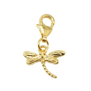 18K Gold Vermeil Style Dragonfly Clip On Charm, 925 Sterling Silver Dragonfly Charm Lobster Clasp w/ Heavy 18K Gold Plated, Dragon Fly Charm