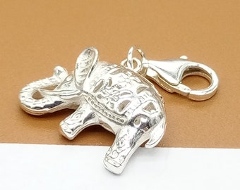Sterling Silver Elephant Clip On Charm, 925 Silver Elephant Clip Charm, 3D Elephant Charm w/ Clip On Lobster Clasp, Hollow Elephant Pendant