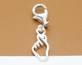 Sterling Silver Love Hand Sign Clip On Charm, 925 Silver Love In Hand Charm, Love Sign Charm with Clip On Lobster Clasp, Heart Clip On Charm