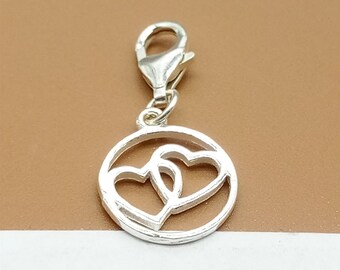 Sterling Silver Double Heart Clip On Charm, 925 Silver Love Heart Charm with Clip On Lobster Clasp, Heart Clip Charm for Bracelet Necklace