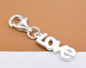 Sterling Silver Love Clip On Charm, 925 Silver Love Word Clip Charm, Love Charm with Clip On Lobster Clasp, Love Clip Charm, Necklace Charm