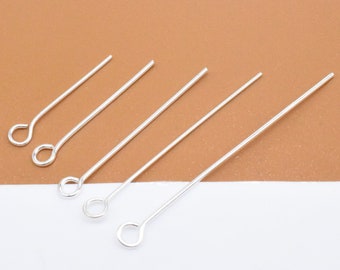 50 Sterling Silver Eye Pins, 925 Silver Eyepins, Sterling Silver Loop Pins, Wire 0.5mm 0.6mm 0.7mm, Length 13mm to 50mm