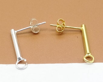 4prs Gold Plated Bar Post Earrings on Sterling Silver Open Jump Ring, Bar Stud Earring, 925 Silver Earring Post, Ear Wire Post with Backs