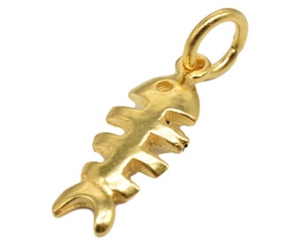 2pcs 18K Gold Vermeil Style Fish Bone Charms 925 Sterling Silver Fish Bone Charm with Heavy 18K Gold Plated Cat Charm Fish Necklace Charm