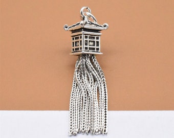 Sterling Silver Tower Tassel Charm, 925 Silver Tassel Pendant, House Tassel Charm, Wheat Chain Tassel for Tassel Necklace, Earring Tassel