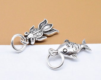 2 Sterling Silver Goldfish Charms 2-Sided, 925 Silver Carp Fish Charm, Ocean Charm, Fish Small Pendant, Bracelet Charm, Necklace Charm