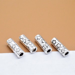 4 Sterling Silver Star Tube Beads, 925 Silver Pentagram Bead, Star Barrel Bead, Tube Spacer, Bracelet Bead, Necklace Bead