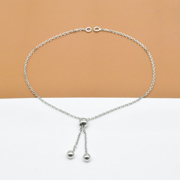 2 Sterling Silver Adjustable Bracelet Chain Rhodium Plated, 925 Silver Unfinished Cable Chain Bracelet Making Chain Stopper Bead Closed Ring
