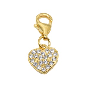 18K Gold Vermeil Style CZ Heart Clip On Charm with Lobster Clasp, 925 Sterling Silver Heart Charm w/ Heavy 18K Gold Plated, Love Charm