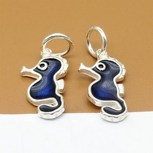 4 Sterling Silver Seahorse Charms w/ Enameled, Seahorse Pendant, 925 Silver Blue Seahorse Charm, Sea Horse Charm for Necklace Bracelet