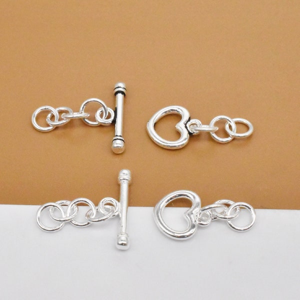 4 Sterling Silver Heart Toggle Clasps w/ Chain, 925 Silver Chain Toggle Clasps, Love Heart Toggle Clasp, Bracelet Clasp, Necklace Clasp