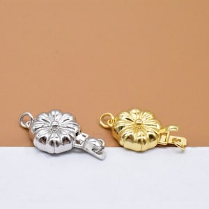 Sterling Silver Flower Pearl Clasp w/ Interlocking Hook, 925 Silver Flower Connector, Rhodium Plated Pearl Clasp, Gold Plated Box Clasp
