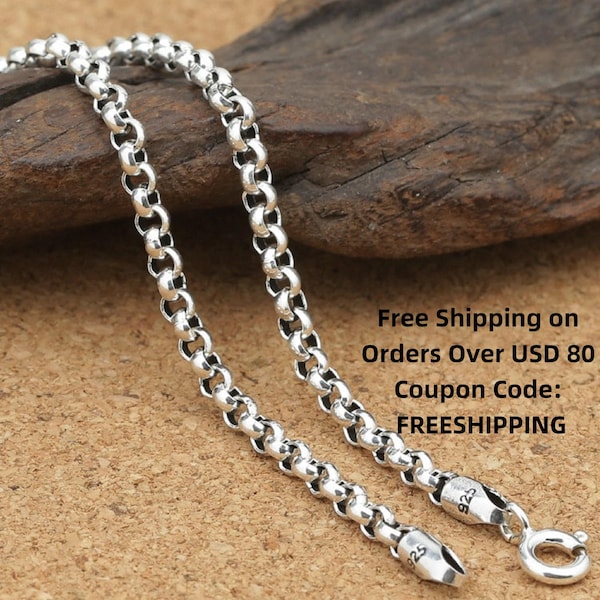 Sterling Silver Rolo Chain, Belcher Chain, 925 Silver Oxidized Rolo Chain Necklace 3mm 4mm 16 18 20 22 24 26 28 30 32 Inches