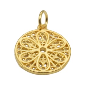 14K Gold Vermeil Style Filigree Life Flower Charm, 14K Gold Plated over 925 Sterling Silver Flower Circle Charm, Flower Necklace Charm