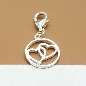 Sterling Silver Double Heart Clip On Charm, 925 Silver Love Heart Charm with Clip On Lobster Clasp, Heart Clip Charm for Bracelet Necklace