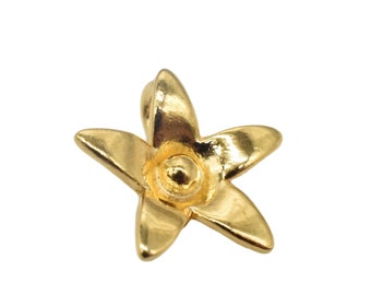 May include: A gold-toned metal flower charm with five points and a round center. The charm is perfect for adding a touch of elegance to jewelry projects.