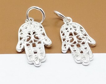 Jewish Hamsa Hand DIY Jewelry Making Supply. Silver Charms Large Hand Charm Flower Charms Large Hamsa Hand Pendant Charms 4 pc