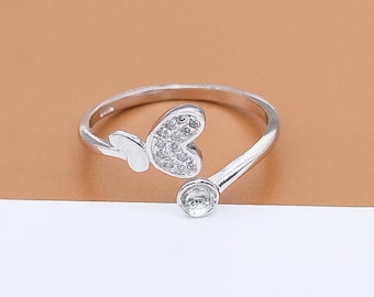 Montura de anillo de mariposa de plata de ley con circonitas cúbicas, anillo ajustable chapado en rodio, montura de anillo de copa redonda de plata 925, montura de anillo de perlas que se ajusta a 6-8 mm