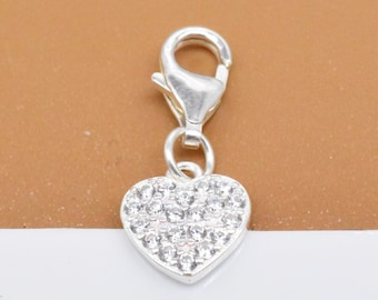 Sterling Silver Heart Clip On Charm with CZ, 925 Silver Love Heart Clip Charm w/ Clip On Lobster Clasp, Heart Bracelet Charm, Necklace Charm