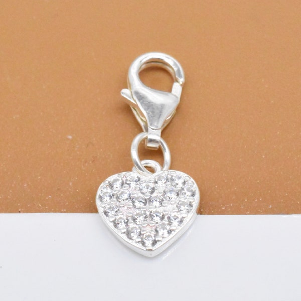 Sterling Silver Heart Clip On Charm with CZ, 925 Silver Love Heart Clip Charm w/ Clip On Lobster Clasp, Heart Bracelet Charm, Necklace Charm