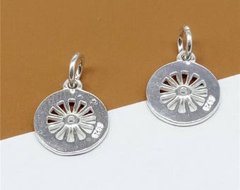 5 Sterling Silver Hollow Daisy Disc Charms 2 Sided, 925 Silver Daisy Flower Circle Charms, Diameter 11mm