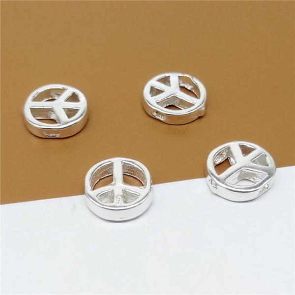 4 Sterling Silver Peace Beads 2-Sided, Round Peace Beads, 925 Silver Peace Symbol Beads, Peace Sign Beads