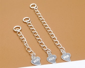 10 Sterling Silver Heart Extension Chains, 925 Silver Chain Extenders, Necklace Extender Chains 32mm 40mm 52mm